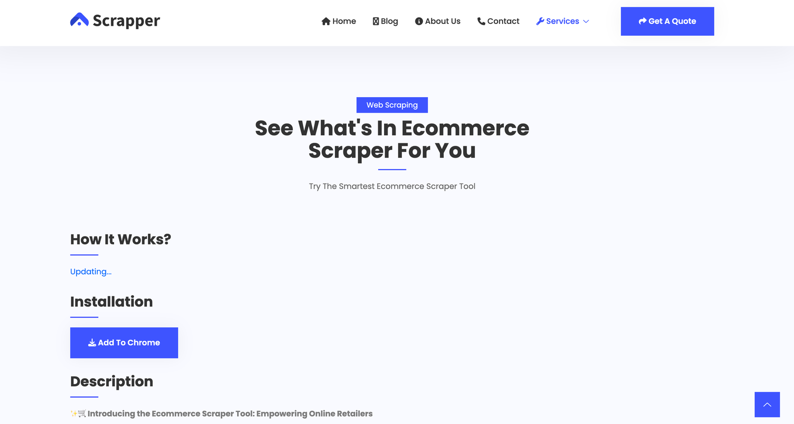 Ecommerce Service page "add to chrome" - Scrapper Tool