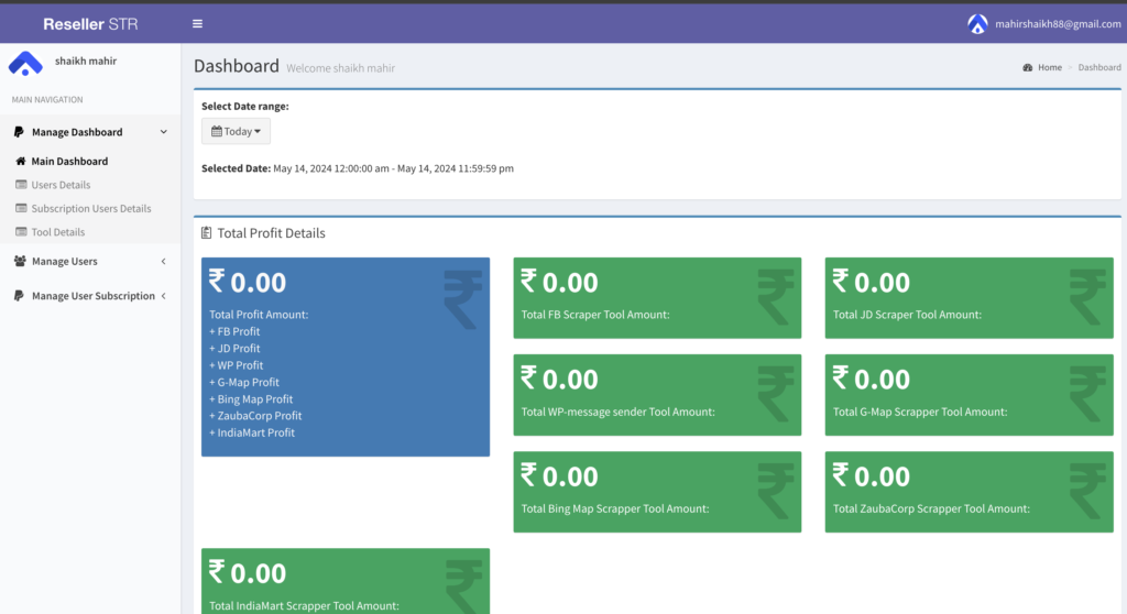 Reseller Dashboard of Scrapper Tool