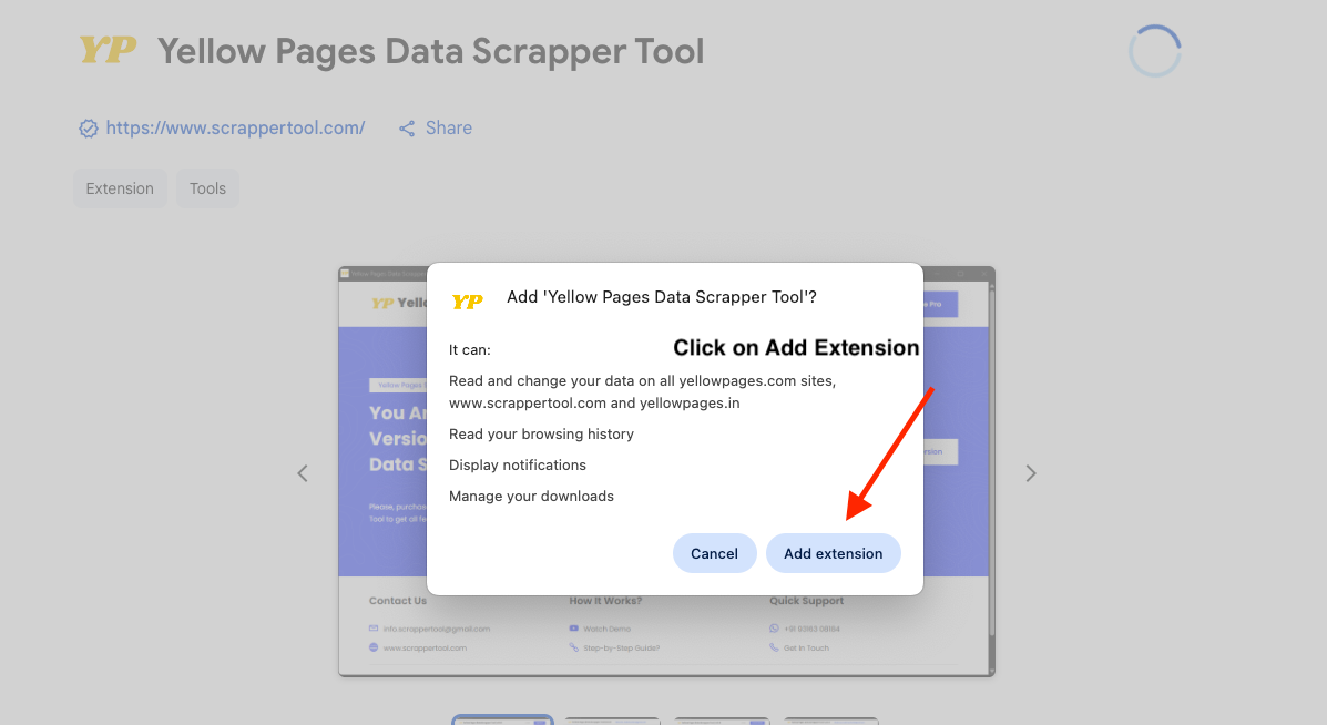 Click on Add Extension to Add Yellow Pages Scraper Tool