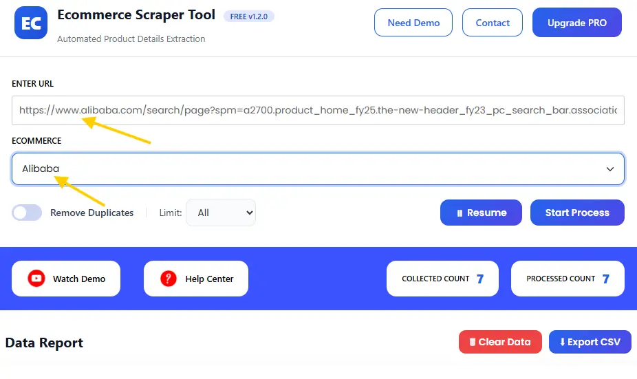 Alibaba Scrapper Tool URL paste